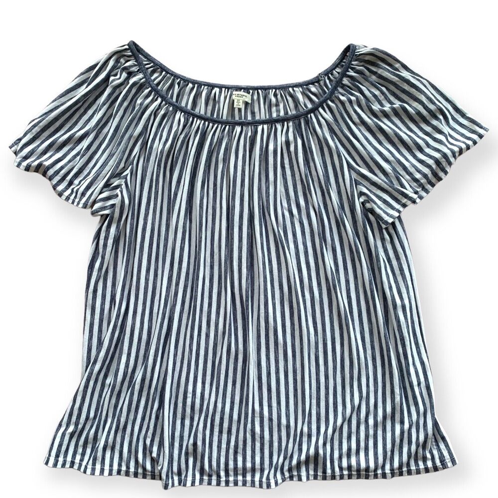 MAX STUDIO Shirred Flowy Blouse Pinstriped Off Shoulder Chic Top Soft Gray 2X - Picture 9 of 9